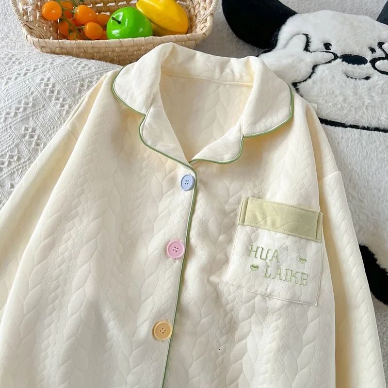Embroidery Letter Fashion Womens Pajamas Set Autumn Winter Casual Soft Sweet Loungewear Lapel Neck HomeWear Suit 251029