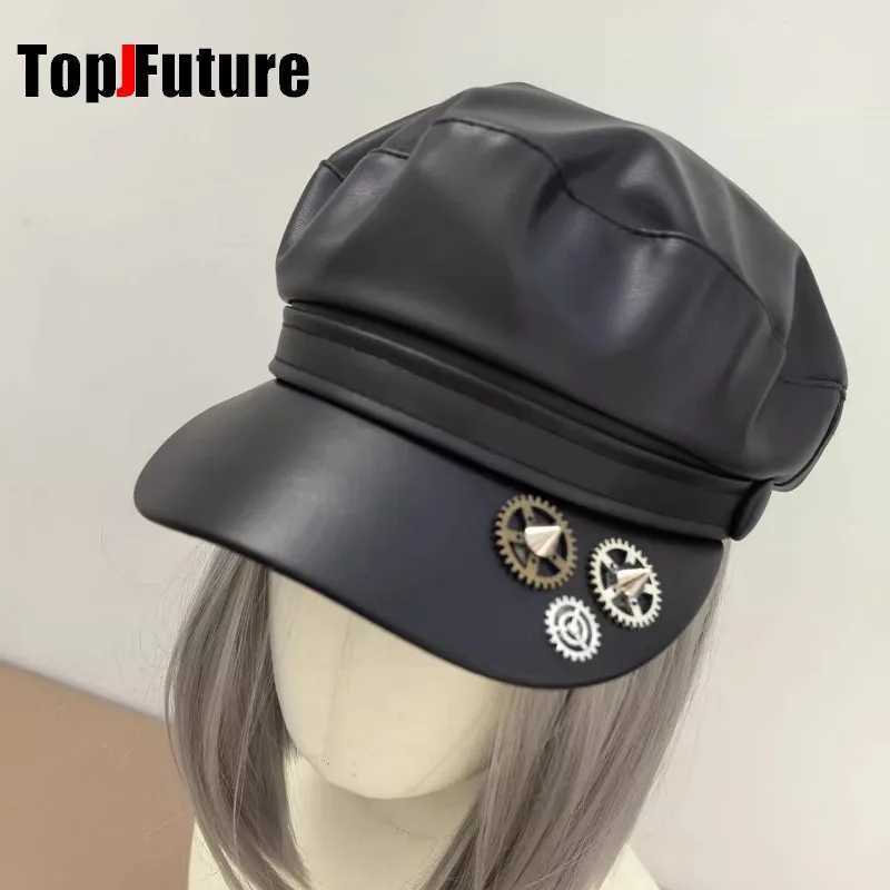 Steampunk Lolita Handmade Gear Monocular Protective Mirror Newspaper Hat Dark Gothic Rivet Duckbill cap Women Men Leather cap