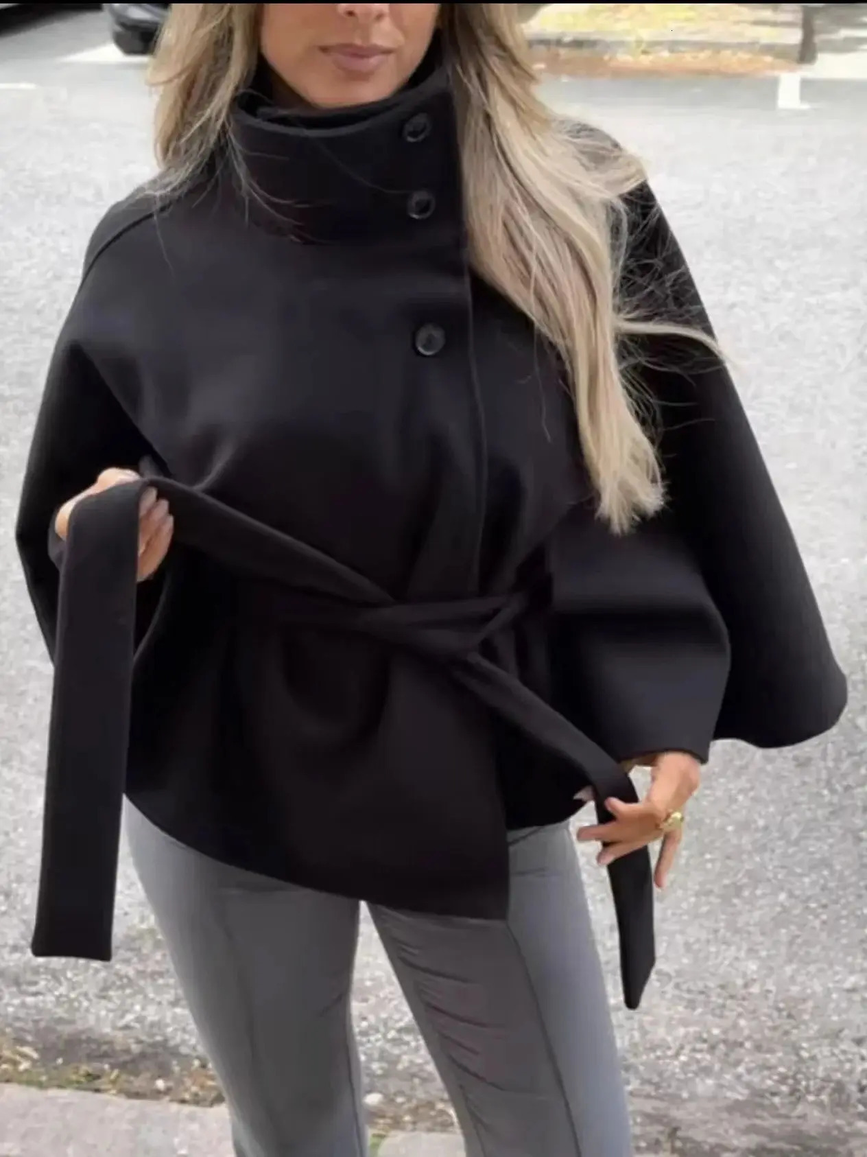2026 Lace Up High Neck Jackets For Women Belt Faux Wool Blends Cape Coats Autumn Winter Warm Elegant Cloak Coat Ladies 251029