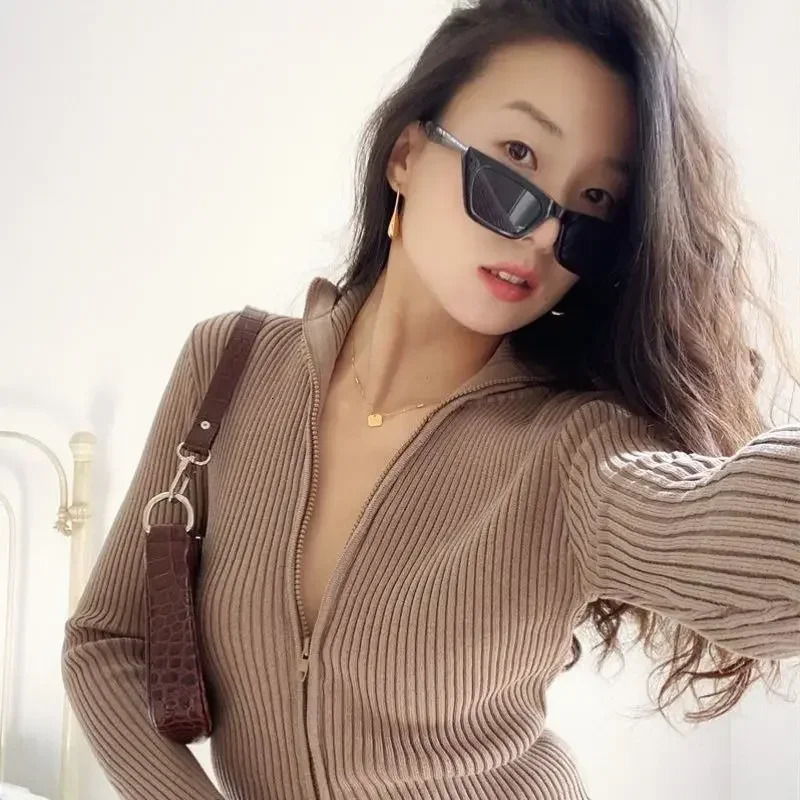 Casual Cardigan Y2K Slim Knitted Sweater Zipper Lapel Top Vintage High Strecth Slim Pullovers Womens Clothing 251029