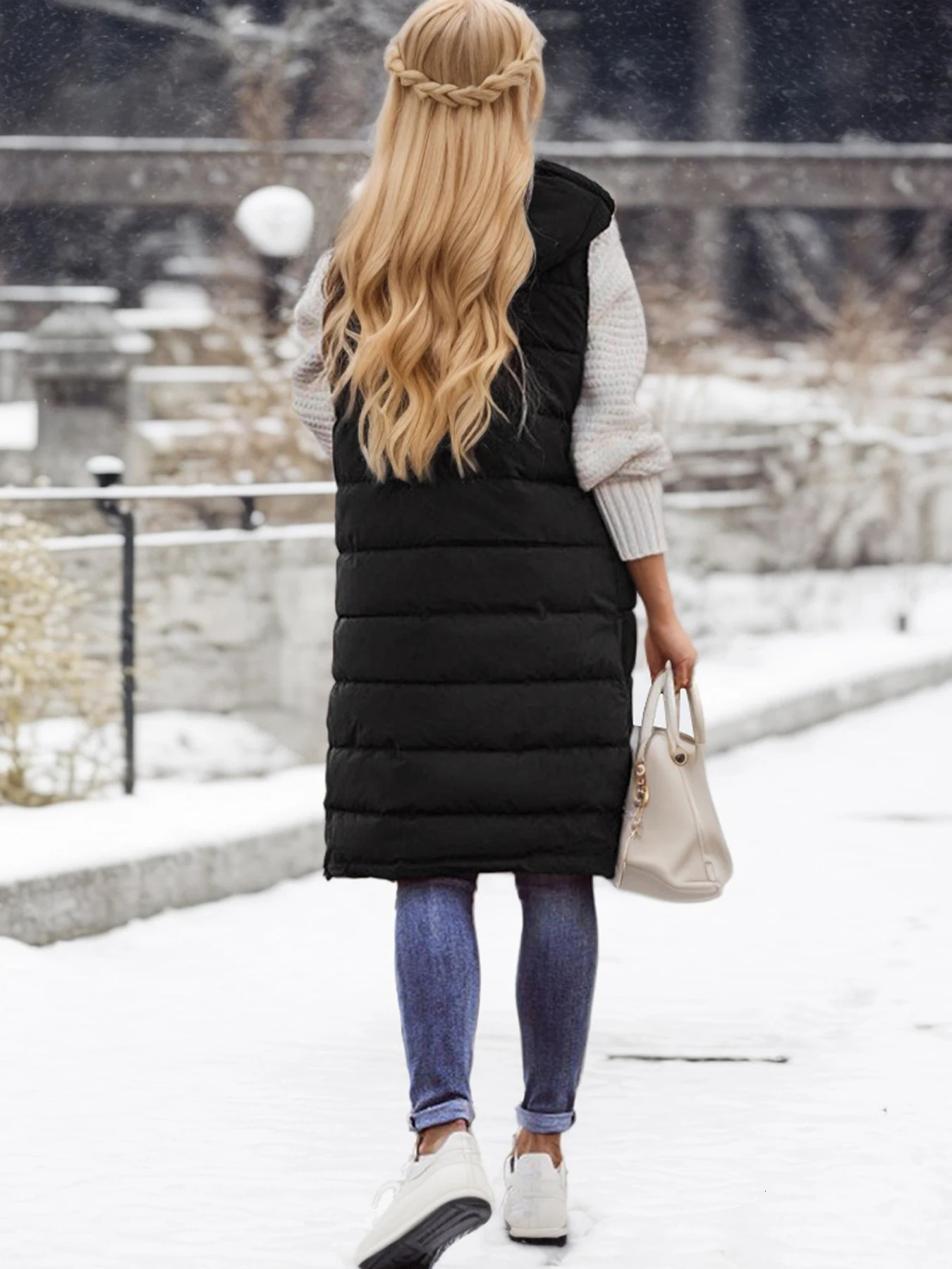 Winter Warmth Puffer Vest Soft Solid Color Sleeveless Hooded Long Vest for Women Cozy Outwear for Cold Weather 251029