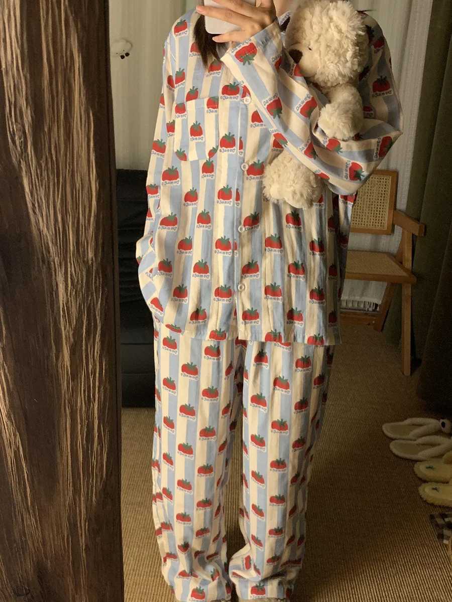 Japanese and Korean fresh style womens pajamas striped strawberry pattern pure and cute style fashion clothingT251029