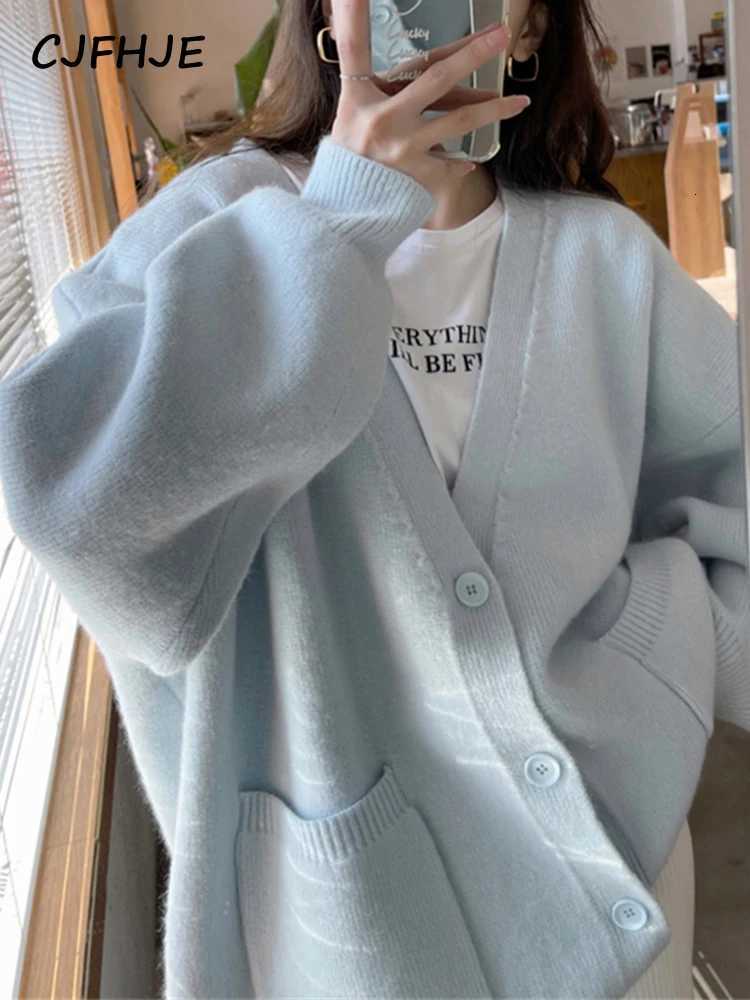 CJFHJE Beige Pockets Knitted Sweater Coats Women Loose Singlebreasted Vneck Purple Cardigan Female Autumn Casual Red CardigansT251028