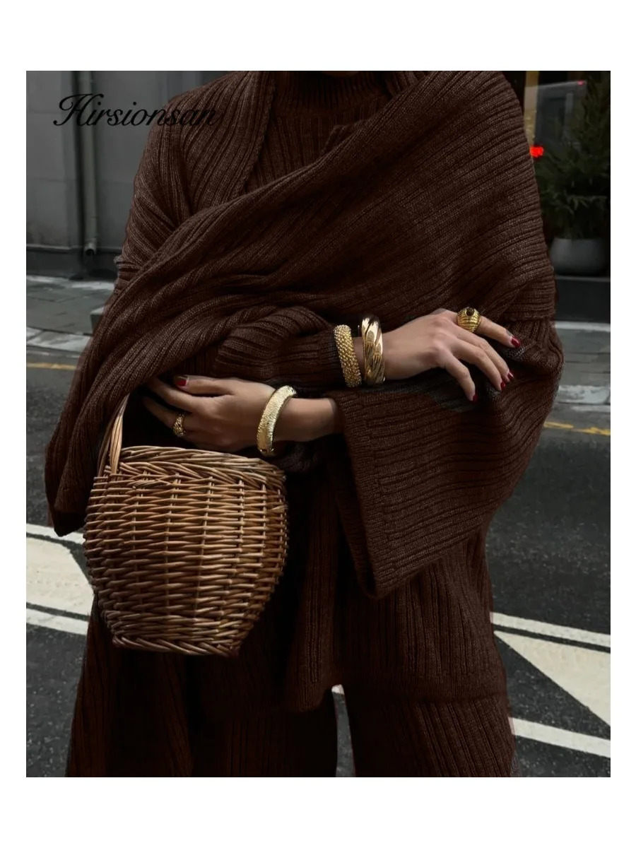 Hirsionsan Soft Elegant Vintage Women Suits 3 Pieces Female Sets O Neck Sweater Wild Leg Pants with Scarf Knitted TrackSuit 251028