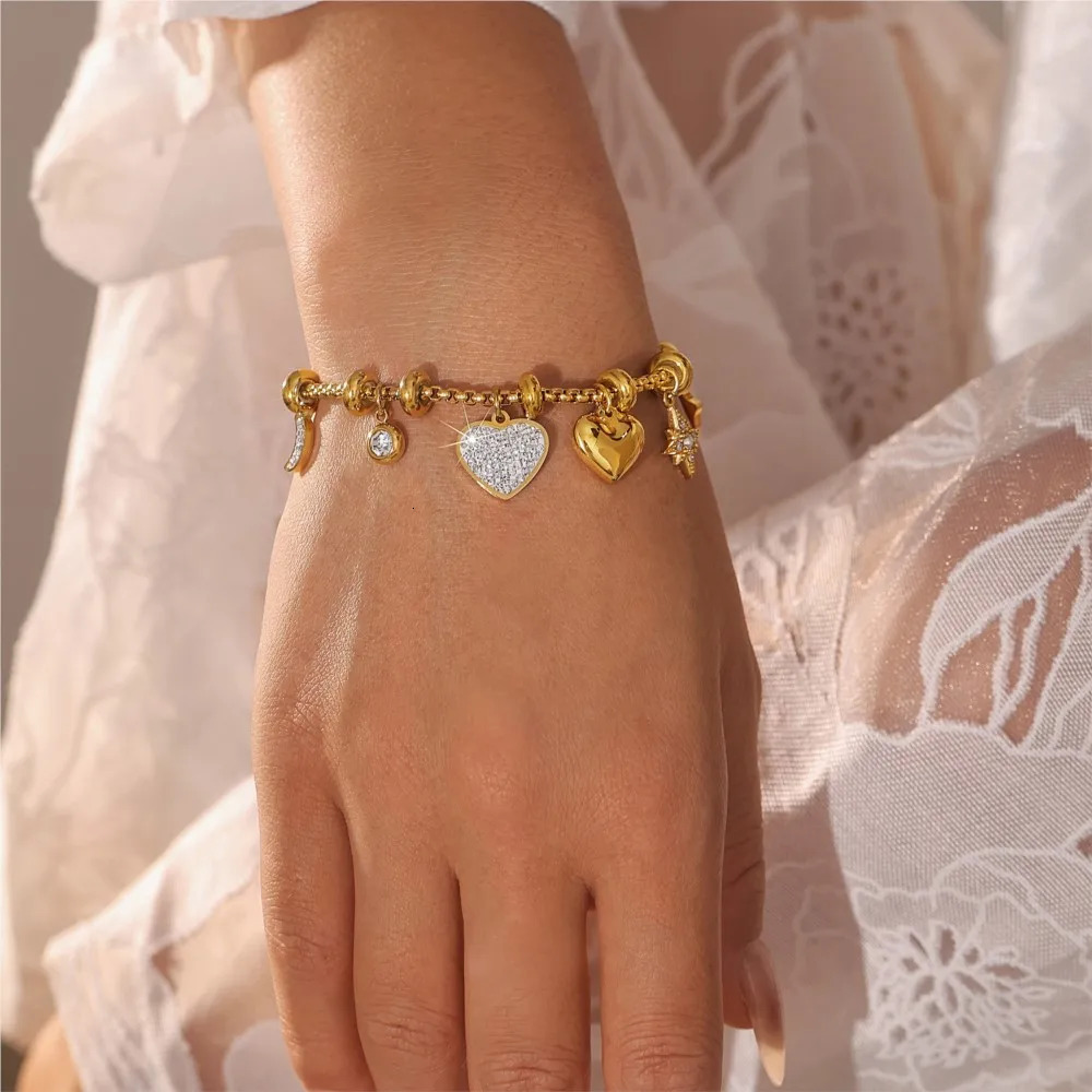 316L Stainless Steel Heart Charm Bracelets For Women 18k Gold Plated Various Pendants With Shining Zircon Womens Hand Bracelet 251028