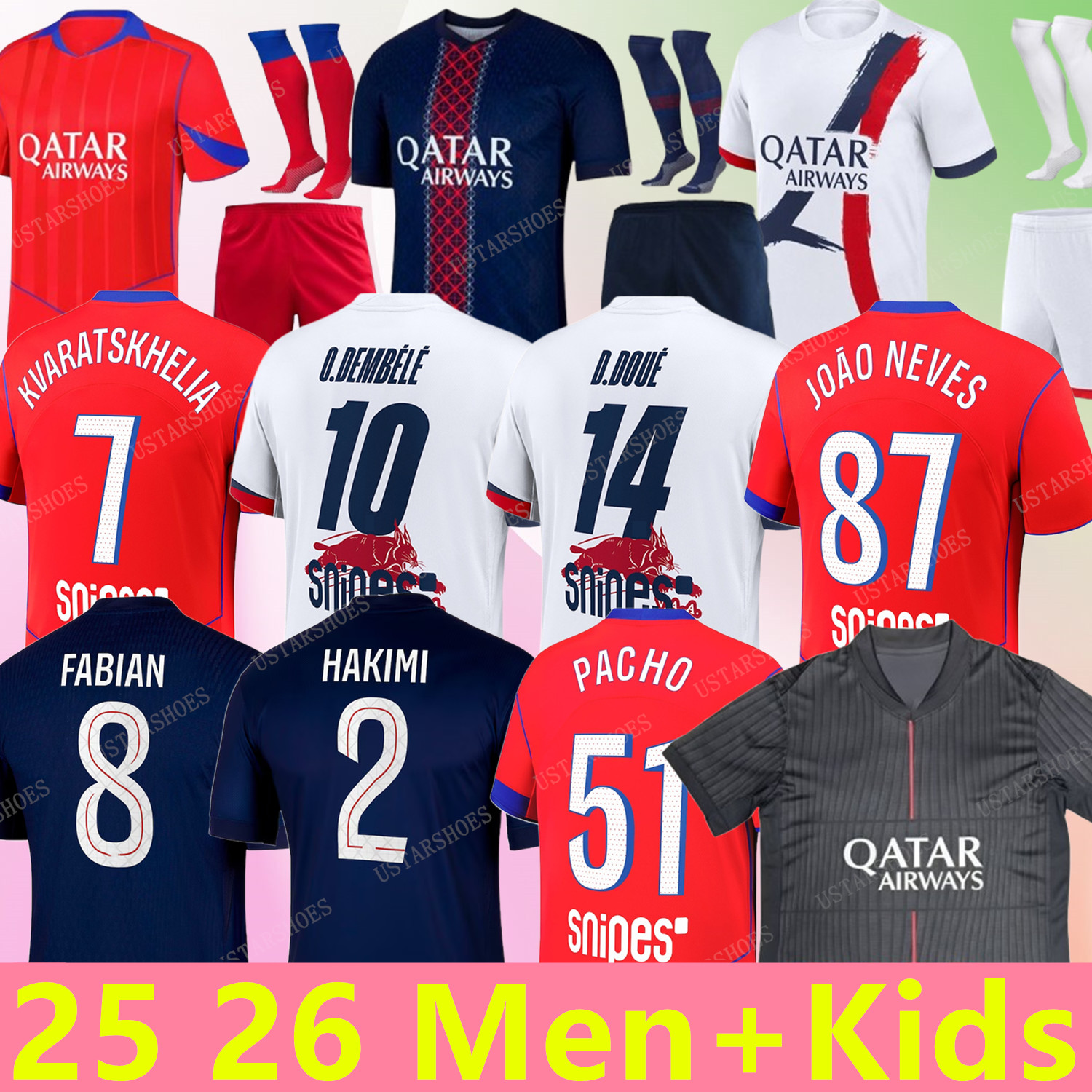 2025 2026 maillot de foot O.Dembele Kvaratskhelia soccer jerseys 4th JOAO NEVES D.DOUE HAKIMI football shirt 25 26 hommes BARCOLA N.MENDES PACHO PARIS Fourth PSGES Kits