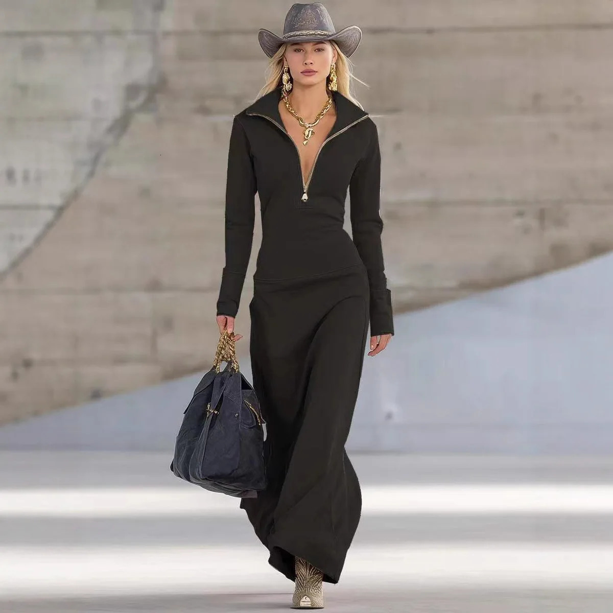 Fashion POLO Collar Long Dresses Women 2025 Autumn Winter Casual Zipper Slim Fit Casual Long Sleeve Maxi Dress Elegant 251029