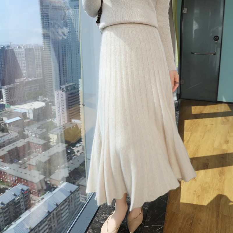 Autumn And Winter Fashion Mink Cashmere Mid Length High Waist Skirt For Women Knitted Umbrella Skirt Fashionable Pleated Skirt 251028