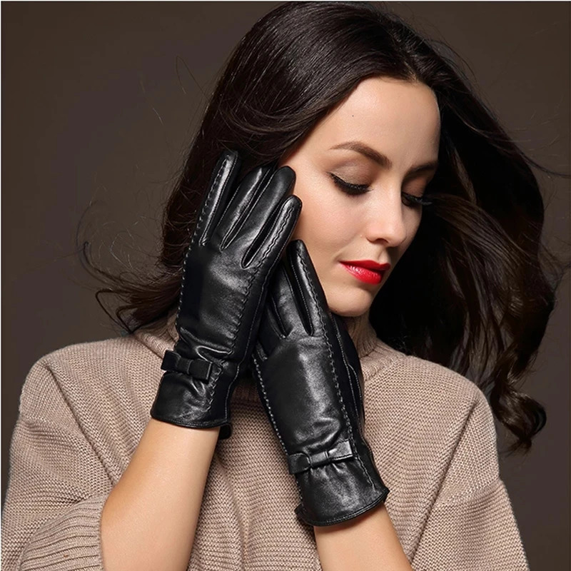 100 High Quality Real Leather Gloves Touch Screen Women Sheepskin Thicken Warm Brown Lady Fleece Mittens 251013