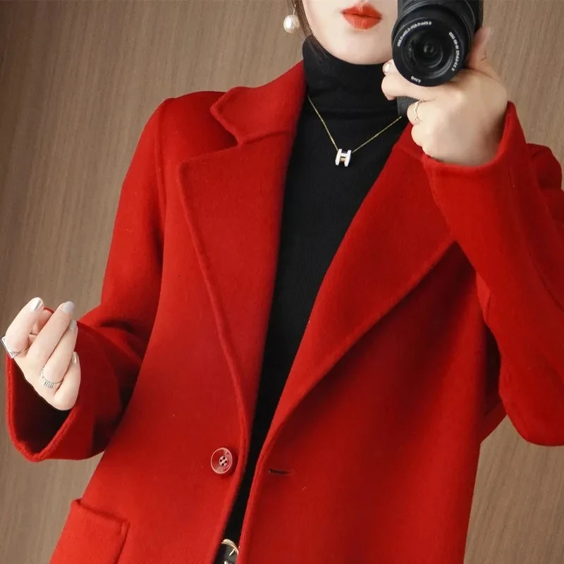 100 Pure Wool DoubleSided Cashmere Jacket Women Overcoat Autumn Winter MidLength OneButton Slim Wool Windbreakers coat 251029