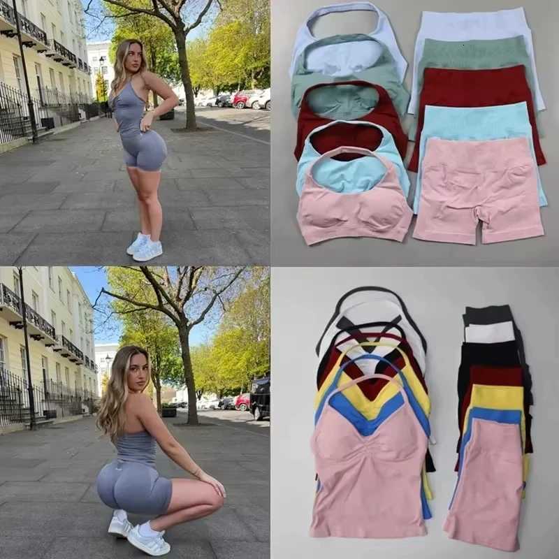 2Pcs Gym Set Women Backless Tank Tops High Waist Scrunch Seamless Shorts Gym Suit Fitness Clothes Activewear Workout SetsXJ251029