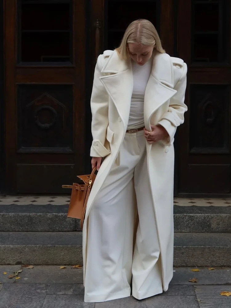 Elegant Solid Lace Up Overcoat Women Fashion Doublebreasted Wool Pockets Long Coats Autumn Winter High Street Outerwears 251028