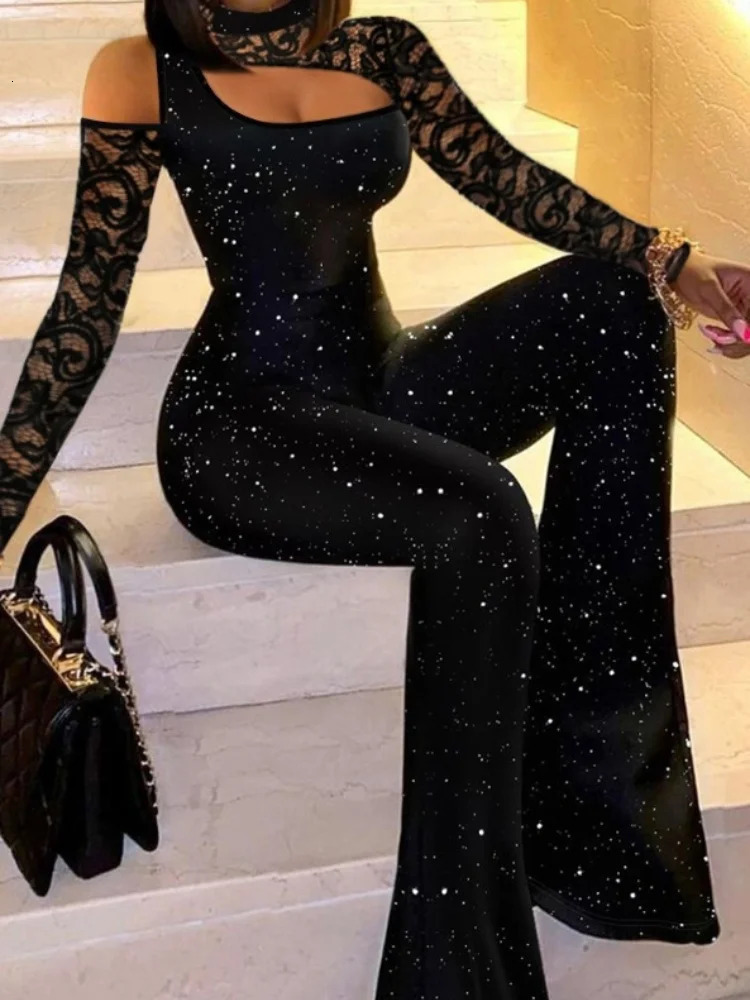 Women Fashion Bodycon Jumpsuit Autumn Casual Sexy Slim Long Sleeve Glitter Lace Patch Flared Leg 251029