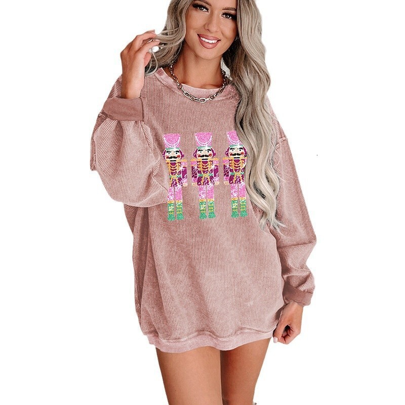 Autumn new pullover round neck long sleeved women's top, European and American fashion trend designer sequin patch loose women's sportswear
