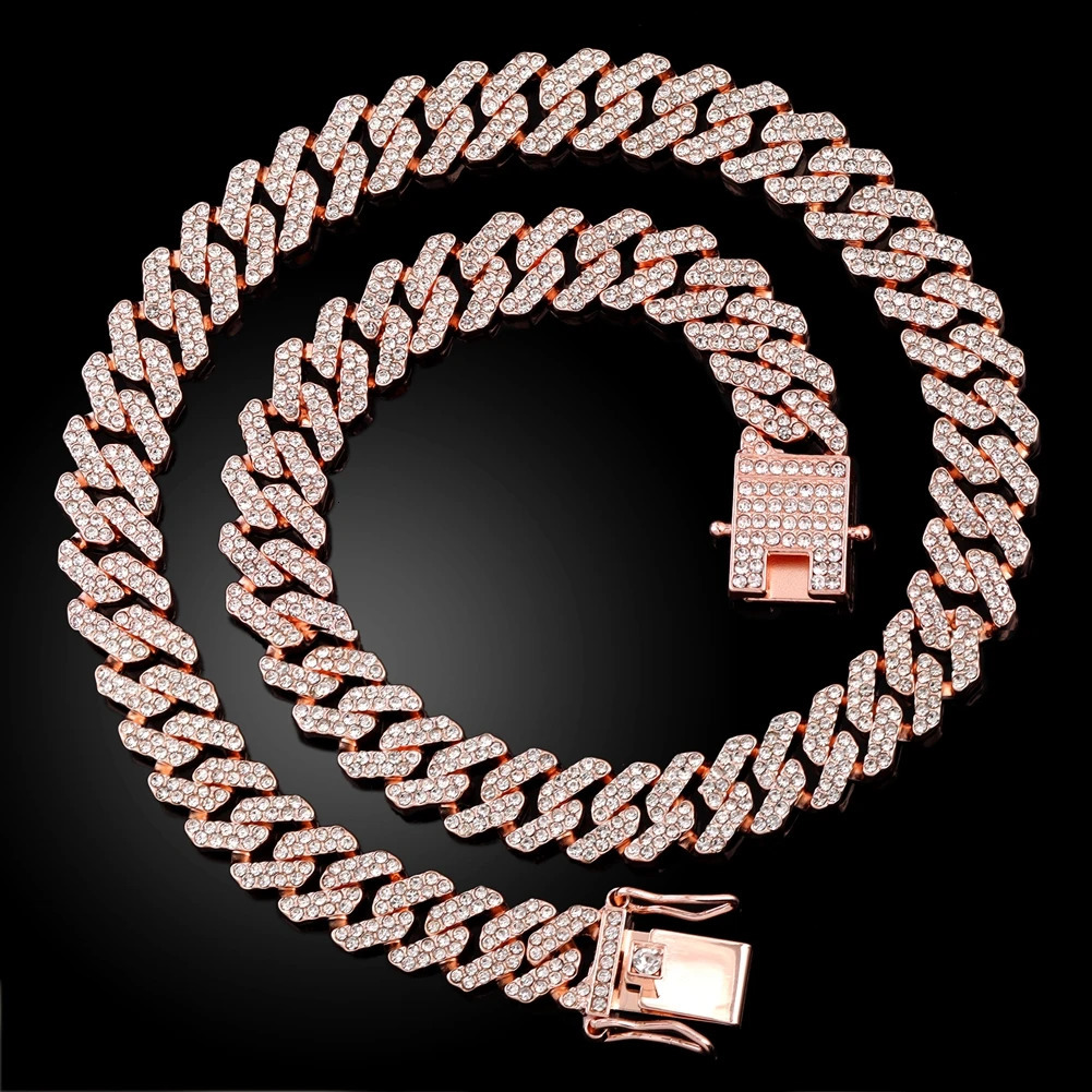 12MM Rose Gold Color Miami Cuban Link Chain Necklace Iced Out Bling Rhinestone Cuban Choker Necklace Women Men Hip Hop Jewelry 251029