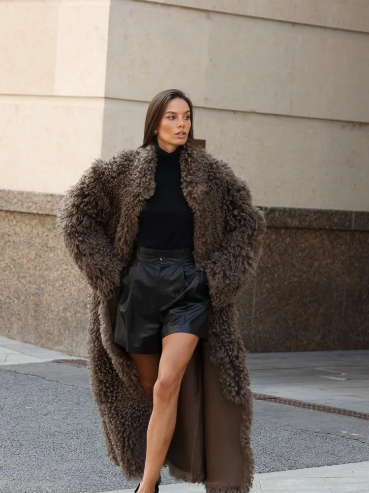Women Solid Lamb Fur Long Coat Elegant Fashion Lapel Full Sleeve Warm Coats Lady Chic High Street Casual Winter Outerwear 2025 251029