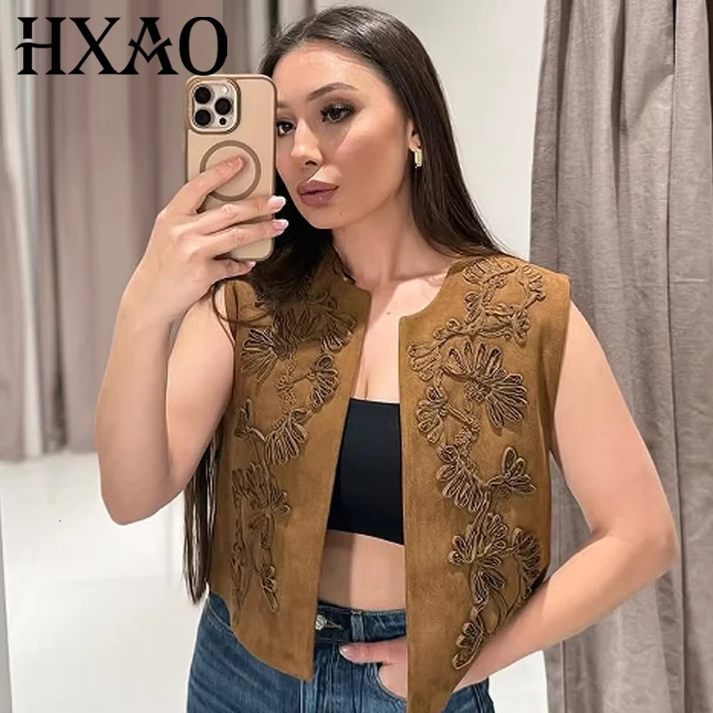 HXAO 2025 Womens Vest Crop Embroidered Vest Spring Suede Waistcoat Sleeveless Vest Cardigan Outerwear Giletes For Women 066 251029