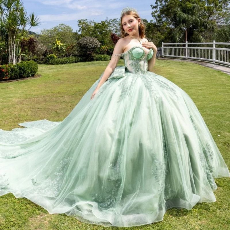 Green Shiny Quinceanera Dresses Off The Shoulder Applique Lce Beading Crystal Bow Tull Party Birthday Sweet 16 Dress Vestidos 15 de anos
