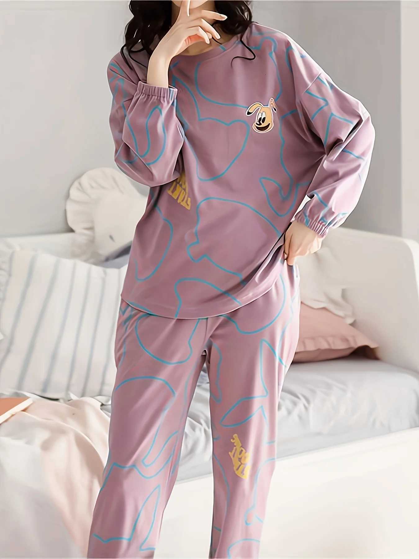 Womens AutumnWinter Pajama Set Long Sleeve Long Pants with Crew Neck Pullover TopT251029
