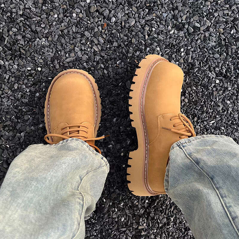 Black Chunky Derby Men, Round Toe, Thick Sole, Height Increasing, Martin Style, Versatile Casual Leather Shoes for Spring 2025