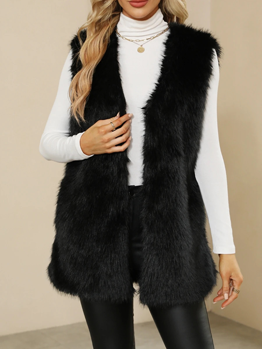Ladies Winter Sleeveless Vest ButtonUp Faux Fur Jacket with Solid Color for Warmth and Style 251029