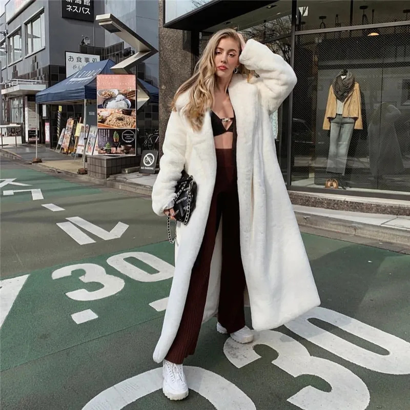 Long Faux Fur Coat Women Long White Fluffy Warm Maxi Coat Hood Lapel Sashes Loose High Waist Jackets 2025 Outerwear Jacket 251029
