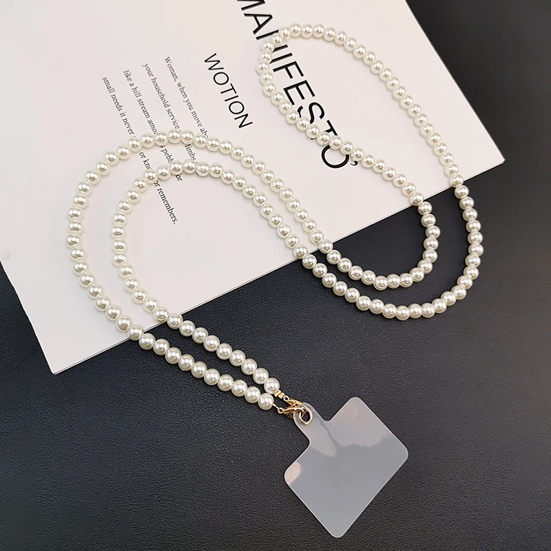 Phone Lanyard Long Crossbody Necklace Chain Hand-beaded Plastic Pearl Strap Anti-lost Sling Universal Clip Bag for Phone Case