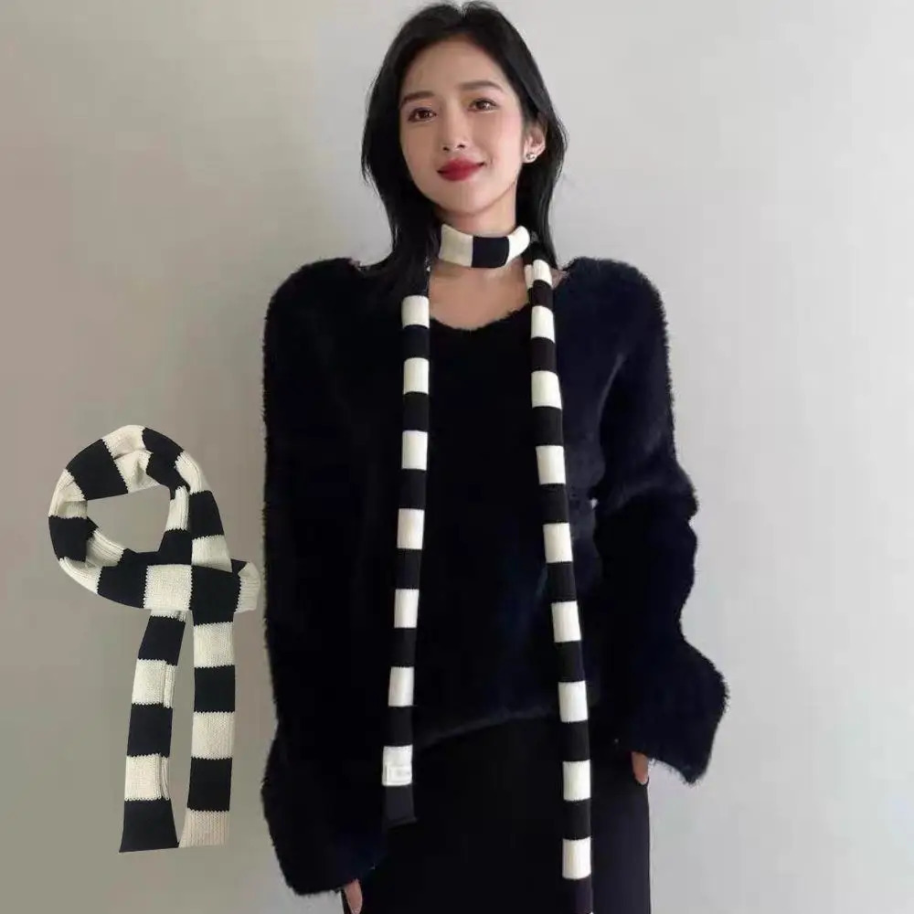 Y2k Black Grey Stripe Long Scarves Women Harajuku Cotton Scarves Black And White Striped Scarf Thin Long Decorative Neckerchief 251029