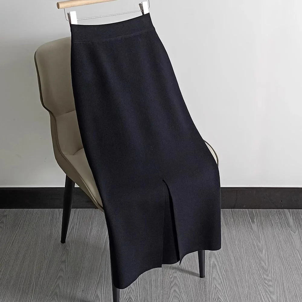 Autumn and Winter Oversized Knitted Pencil Skirt Womens One Step Skirt High Waist Slimming Long Skirt Split Wool Straight Dress 251028