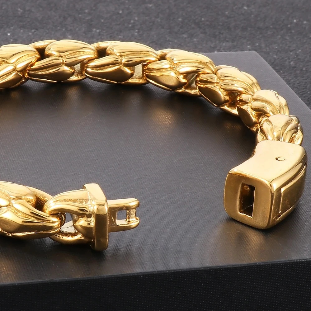10MM Width Sunflower Seeds Style Chain Man Bracelet for Men Gold Color Polished Stainless Steel Male Bracelets Wrist Jewelry 251028