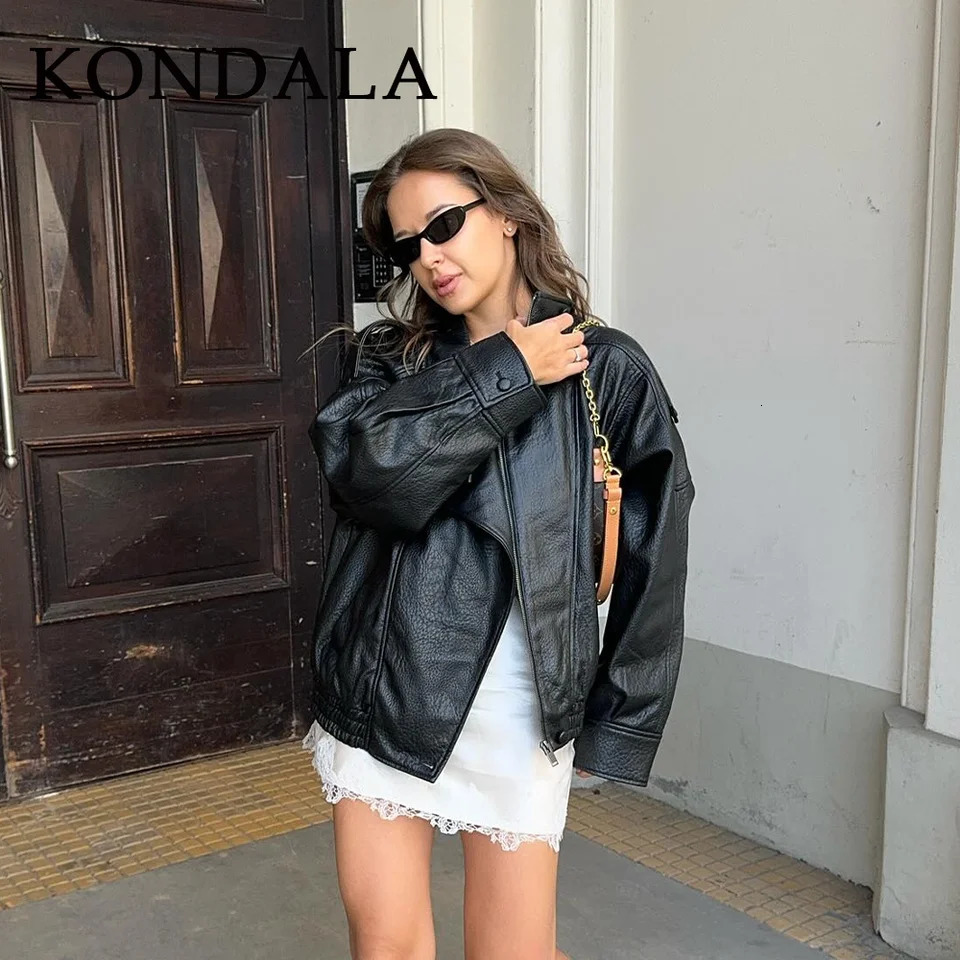 KONDALA 2025 Fall Winter Faux Leather Women Vintage Coats Fashion Streetwear Zipper Turndown Collar Christmas Ladies Leathers 251029