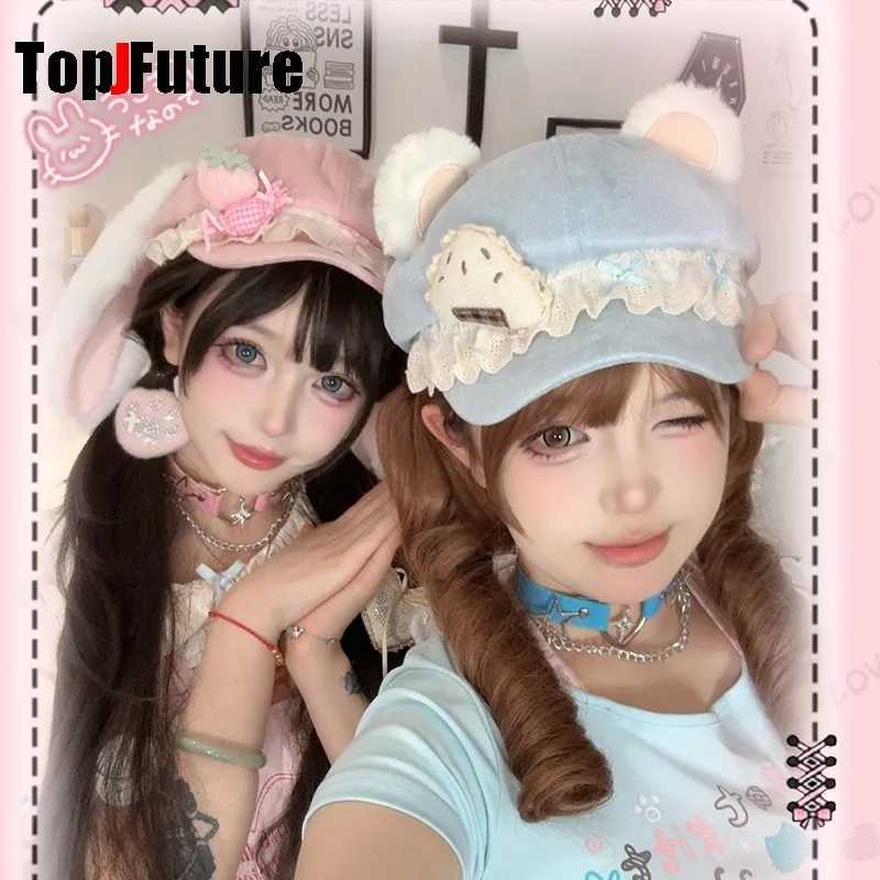 Y2K Womens Bear Ear Ballet Style Beret Dark Gothic Lolita Japanese Trend Neutral Black Painter Hat Octagonal Cap for Cosplay