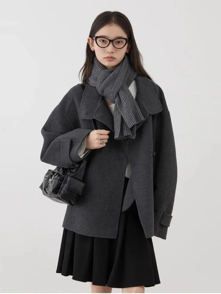 CHIC VEN Womens Doublesided Belt Woolen Coat Short Loose Overcoat Solid Female Outerwear Woman Jackets Autumn Winter 251029