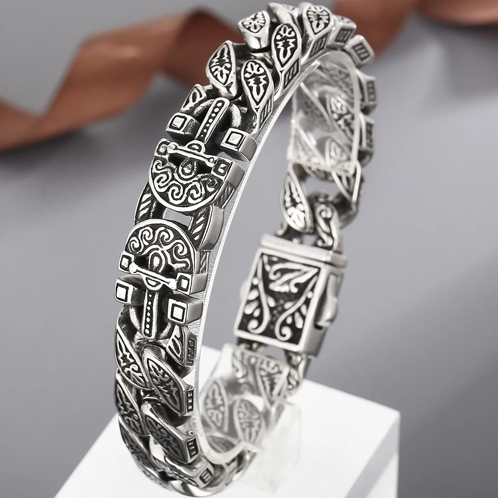 Cast Stainless Steel Cross Bracelets Vintage Metal Bangle Heavy Retro 15MM Chain Mens Bracelets Cool Male Hand Jewelry Armband 251028