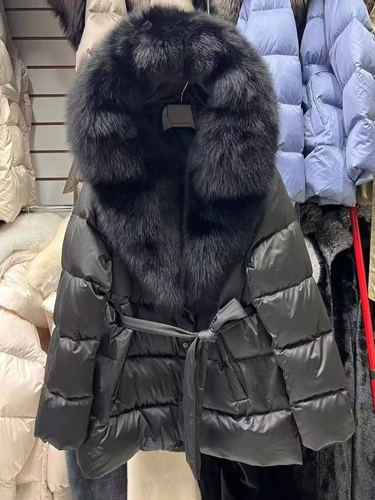 2025 Natural Thick Warm 90 White Goose Down Coat Long Winter Jacket Women Real Big Fox Fur Collar Belt Loose Puffer Parka 251029