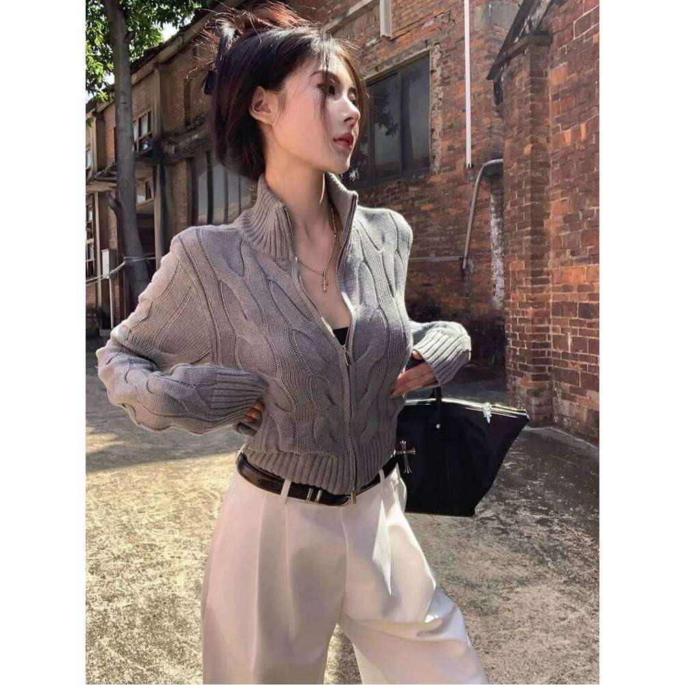Vintage Turtleneck Zipper Cardigan For Women Autumn Loose Long Sleeves Knitted Sweaters Y2k Ladies Soft All Match Jumpers Women Sweater Designer Sweat