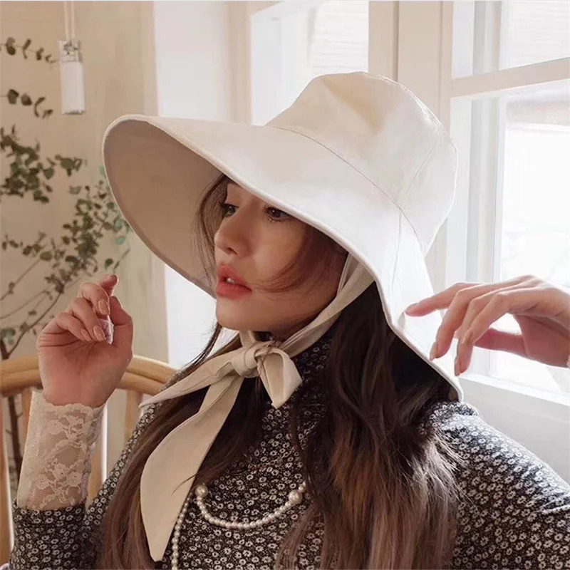 Summer Spring Japan Tie Bucket Hat Women Korean Big Brim Fisherman Hat Foldable Sunscreen Chic Cotton Linen Beach Sun Hat 251029