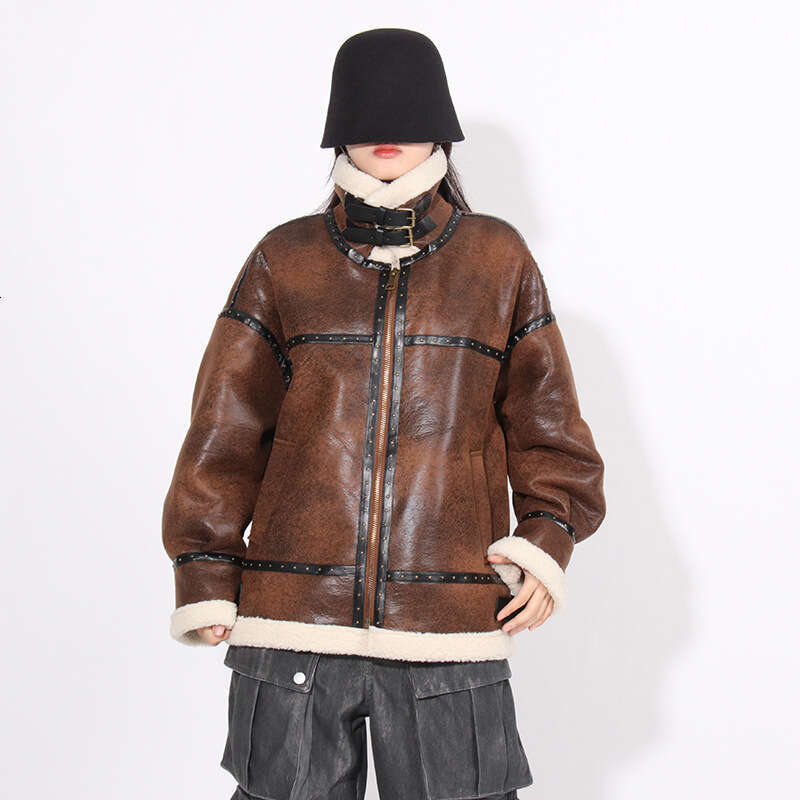 2025 Autumn New Fashionable Sheepskin One-Piece Stand Collar Loose Lamb Wool Coat For Women