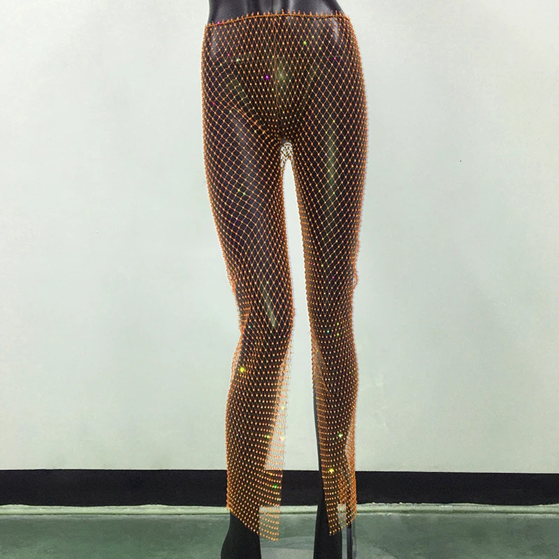 Sparkly Rhinestone Split Pants Hollow Out Fishnet Beach Trousers Women Sexy Y2K Streetwear Nightclub Party Rave Festival Pant 251028