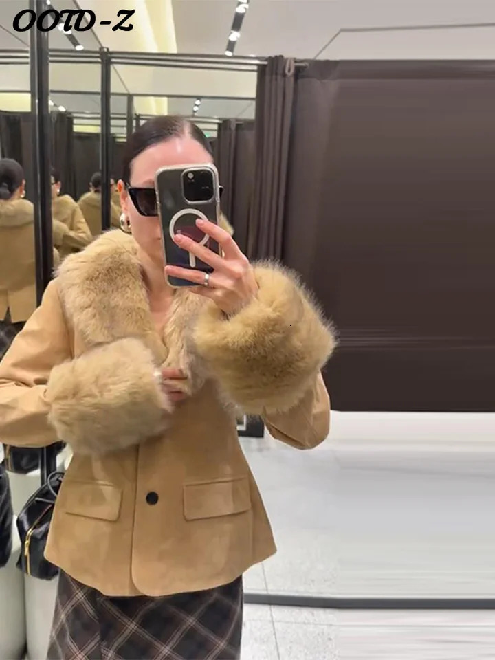 Stylish Faux Fur Patchwork Jacket Women Solid Lapel Long Sleeve Button Pocket Female Coat 2025 Autumn Winter Casual Lady Outwear 251029