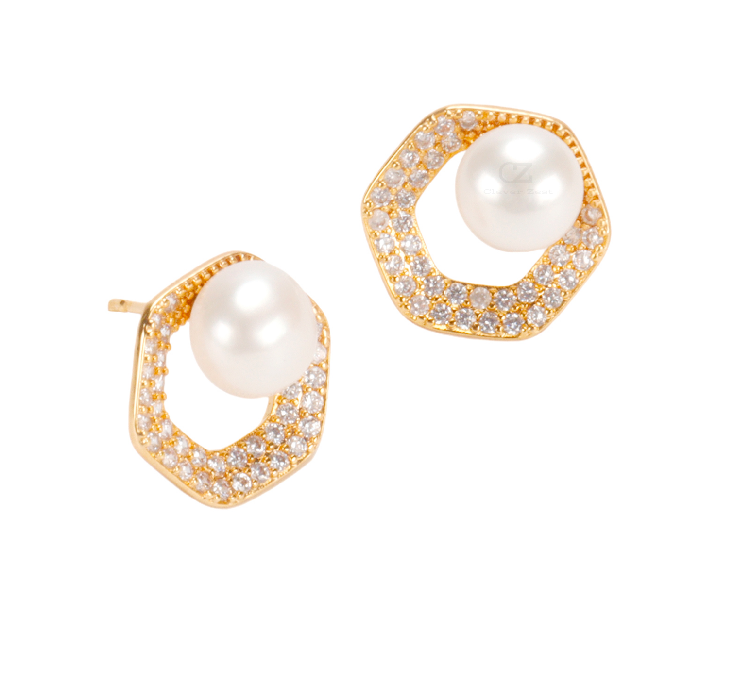 Natural White Pearl Hexagonal Stud Earrings 14K Gold-Filled Fashionable Versatile Trend Anniversary Gift Bestie Gift