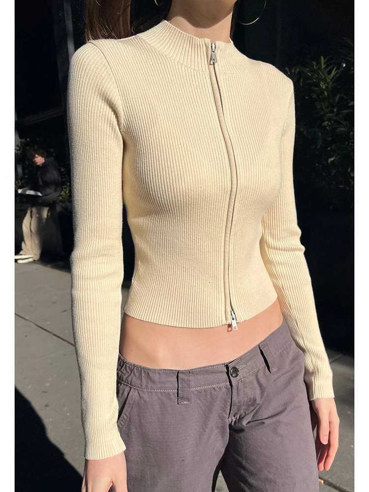 Solid Sexy Slim Knitted Cardigan Sweater Women Autumn Soft Cotton Double Zippers Crop Top Vintage Simple Sweet Cardigan Tops Y2kT251028