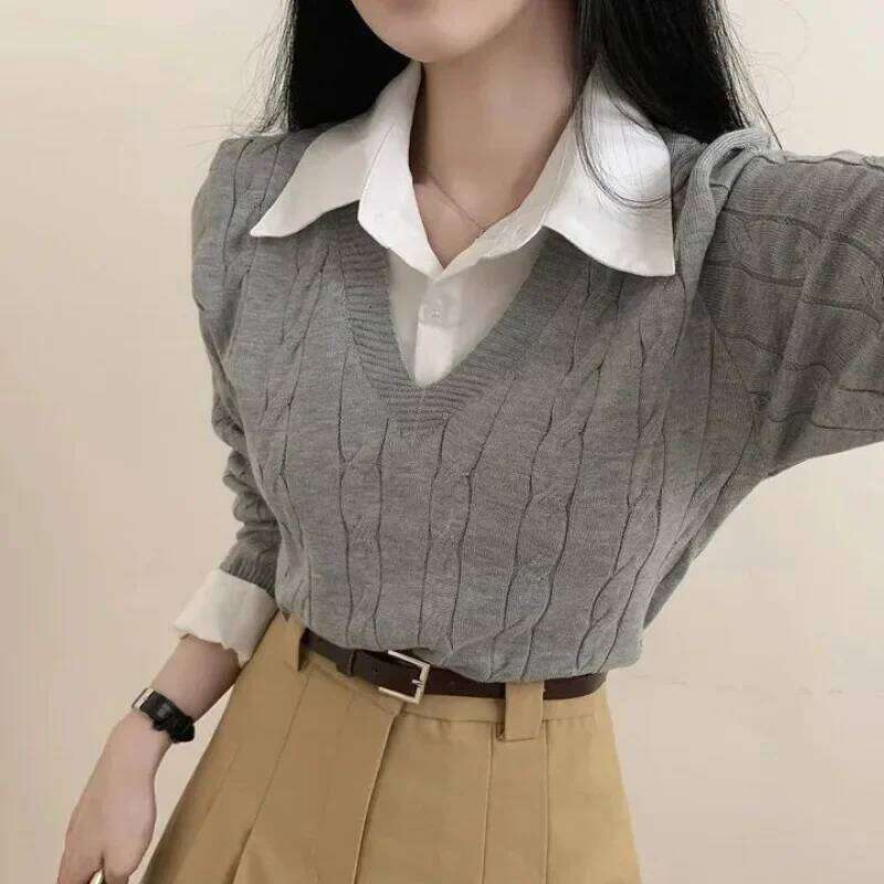 Korean Chic Spring And Autumn Age-Reducing Sweaters Retro Temperament Preppy Fake Two Pieces Shirts Twist Knit Women's Tops Women Sweater Designe