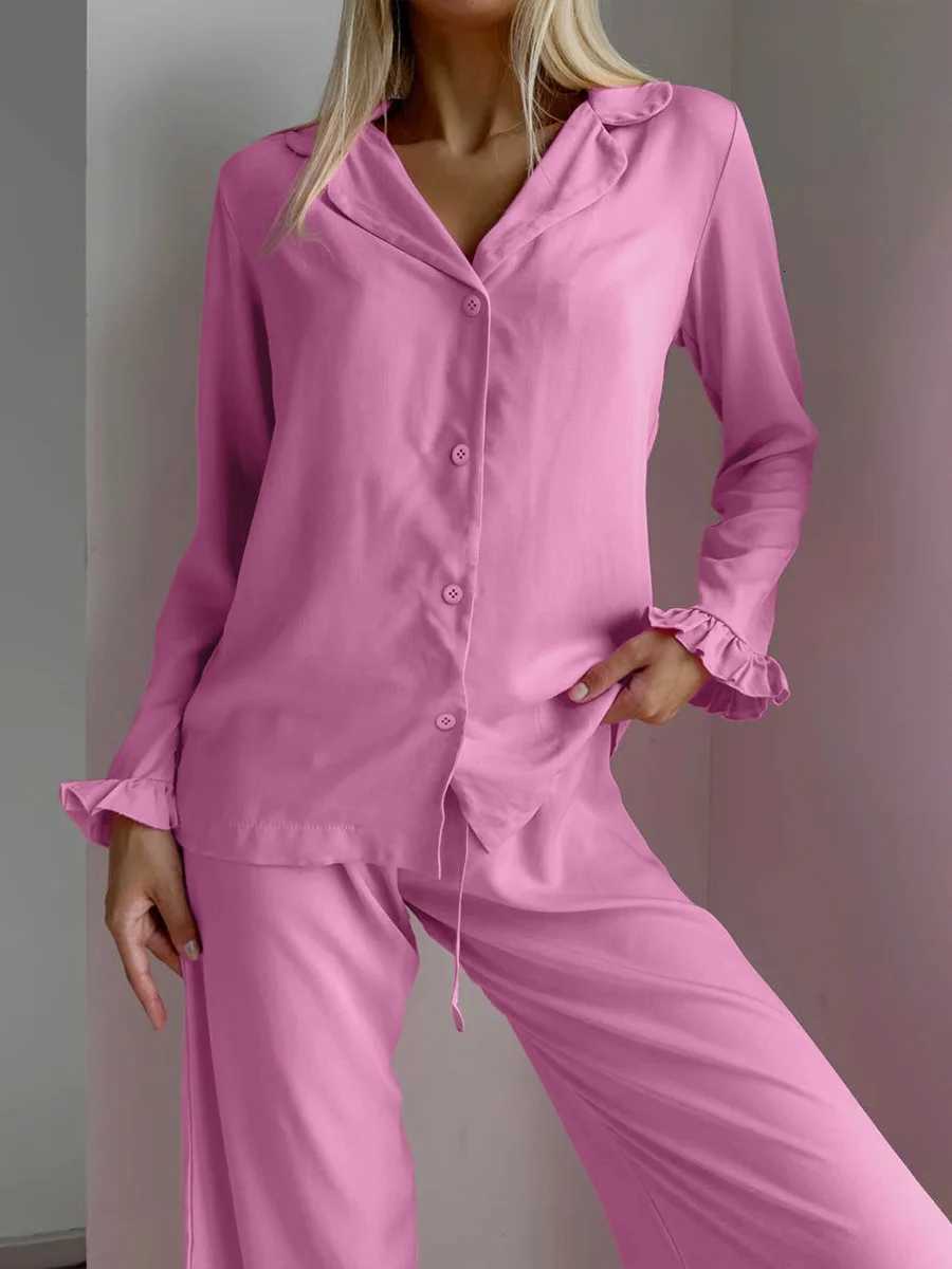 Blubelle Lotus Leaf Side Length Sleeve Long Pants Pajama Set Autumn New Womens Solid Color Cardigan Pajama Casual Home Suit SetT251029