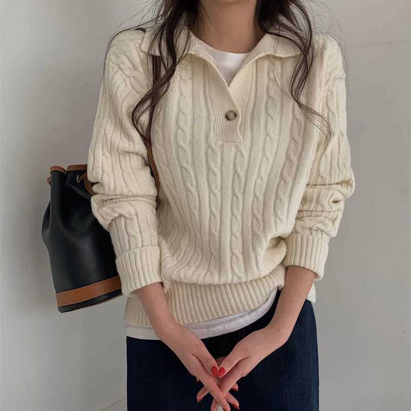 Korean Turndown Collar Solid Womens Sweater Sweet Fried Dough Twists Sweater Casual Versatile Simple Knitting Pullover Tops J251029