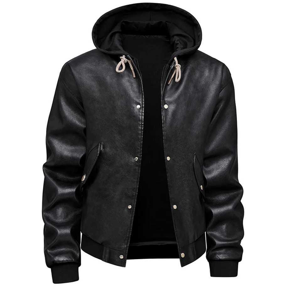 Hooded PU Jacket Men Spring Autumn Motorcycle Biker Jacket Coat Fashion Casual Solid Color Cargo Jacket Male PU Coat BlackT251029