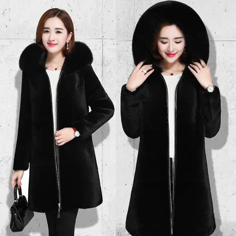 2025 Winter Faux Fur Jacket Black Hooded Parkas Coat Thicken Ladies Warm Long Overcoat 5XL Windproof Snow Outerwear Female 251029