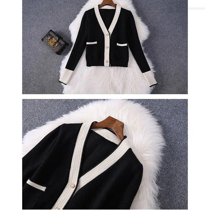 Women's Two Piece Pants Women Knitted Cardigan 2PCS Korean Female Solid Color Two-piece Set Spring Autumn Lady Fashion Leisure Wide Leg