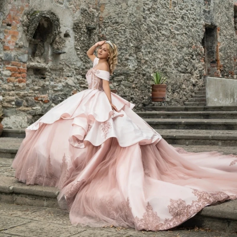 Pink Ball Gown Quinceanera Dresses Off The Shoulder Applique Lace Tull Party Birthday Sweet 16 Dress Vestidos 15 De Anos