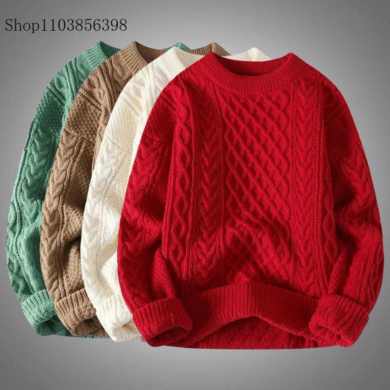 Mens Autumn Winter Round Neck Red Sweater Man Loose Casual Knitted Top Solid Winter Knitwear Male Outwear Solid 3XL Christmas J251029